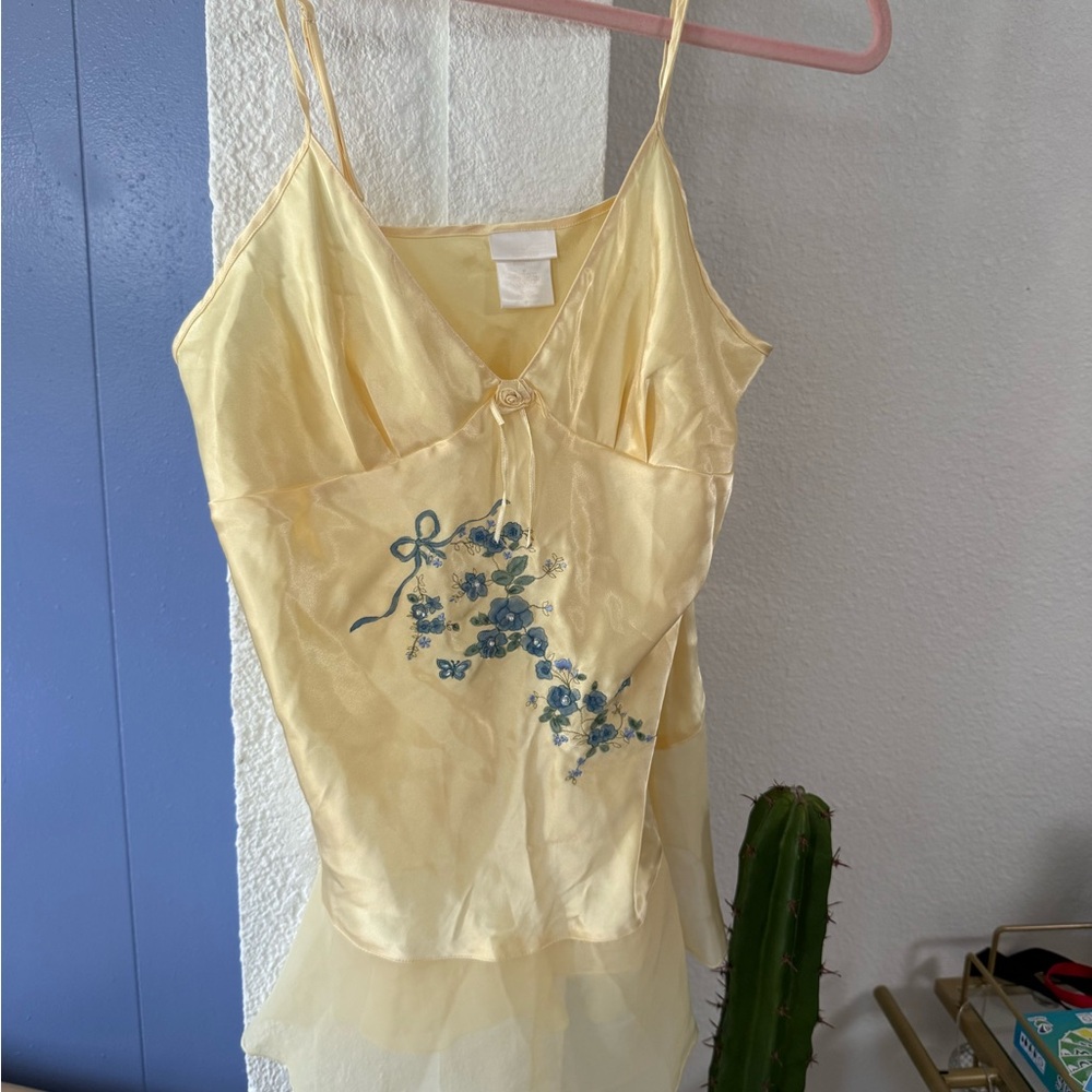 Vintage Yellow Satin Slip Dress with Blue Floral Embroidery